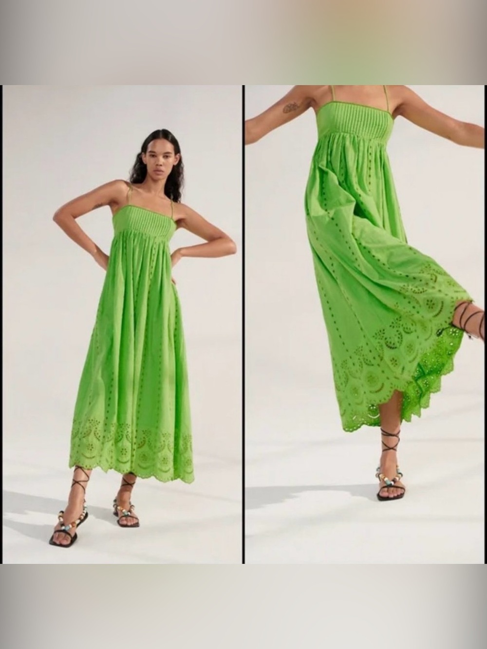NWT Zara Lime Green Eyelet Maxi Dress with intricate embroidery. Size S.